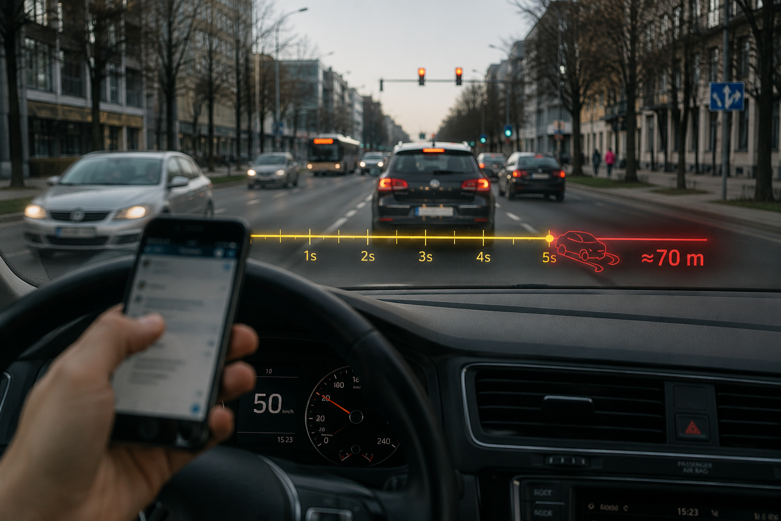 Piecas neredzamās sekundes: cik tālu auto nobrauc, kamēr tu paskaties telefonā?